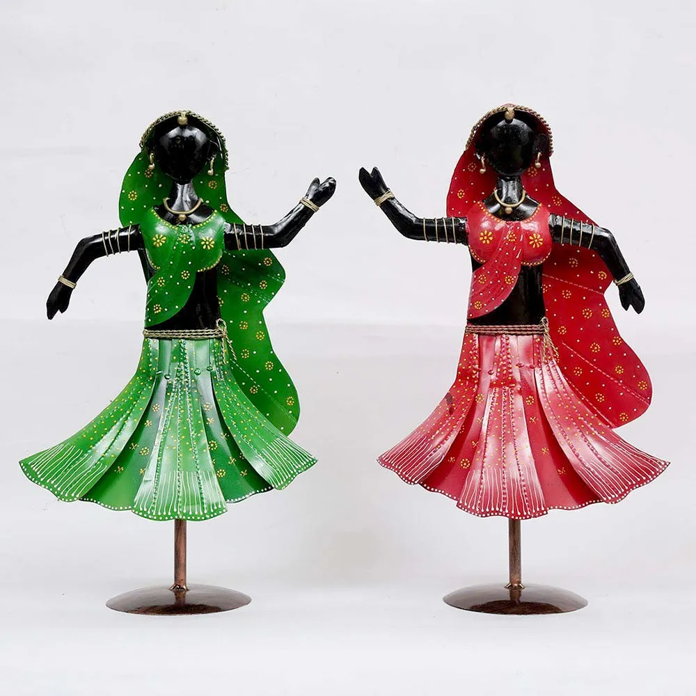 Set of 2 Black Dancing Twin Ladies Metal Human Figurines / Showpiece