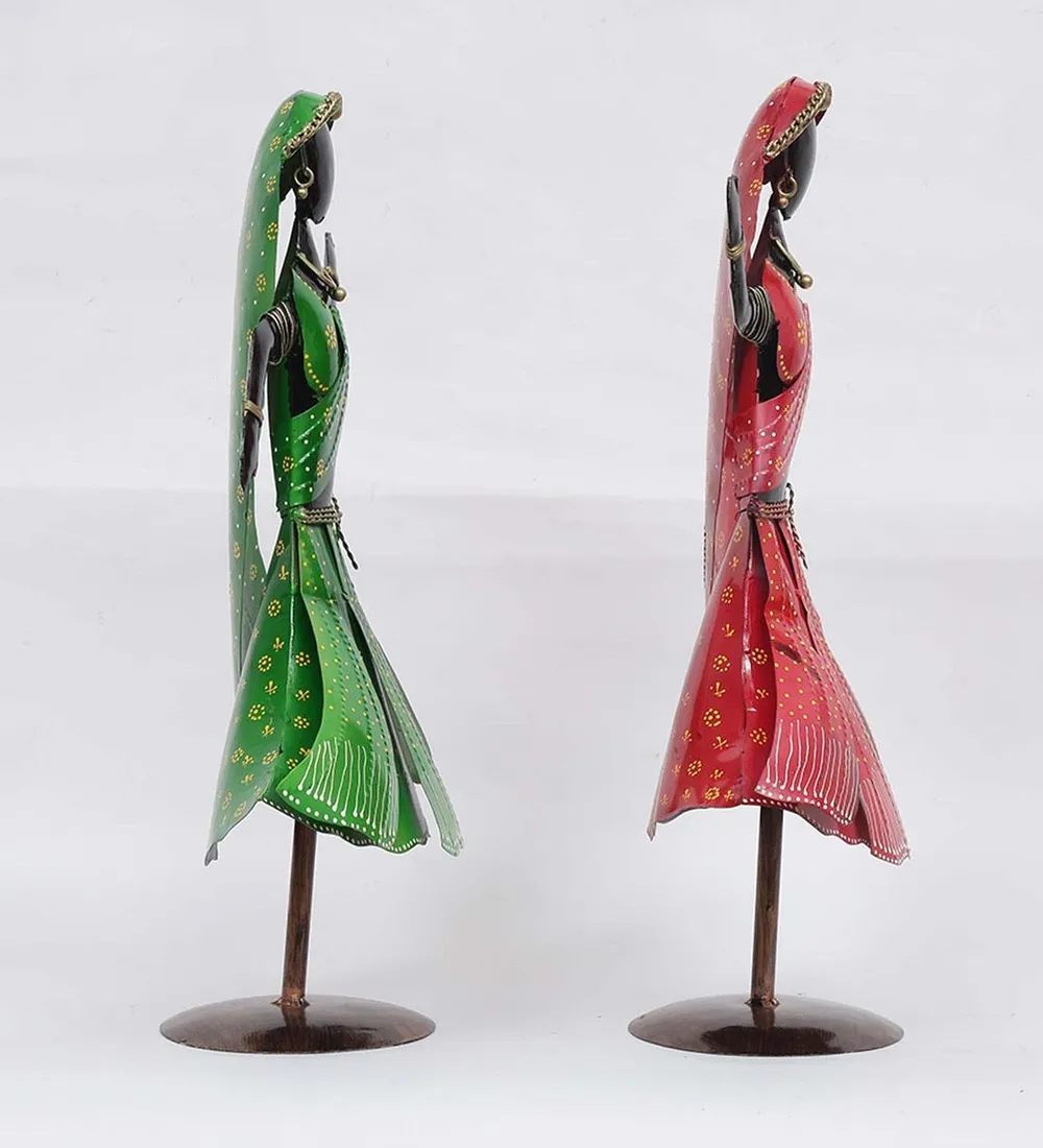 Set of 2 Black Dancing Twin Ladies Metal Human Figurines / Showpiece