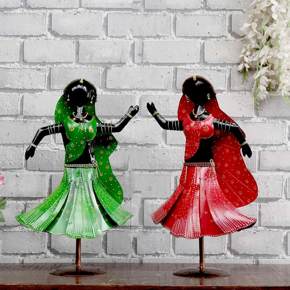 Set of 2 Black Dancing Twin Ladies Metal Human Figurines / Showpiece