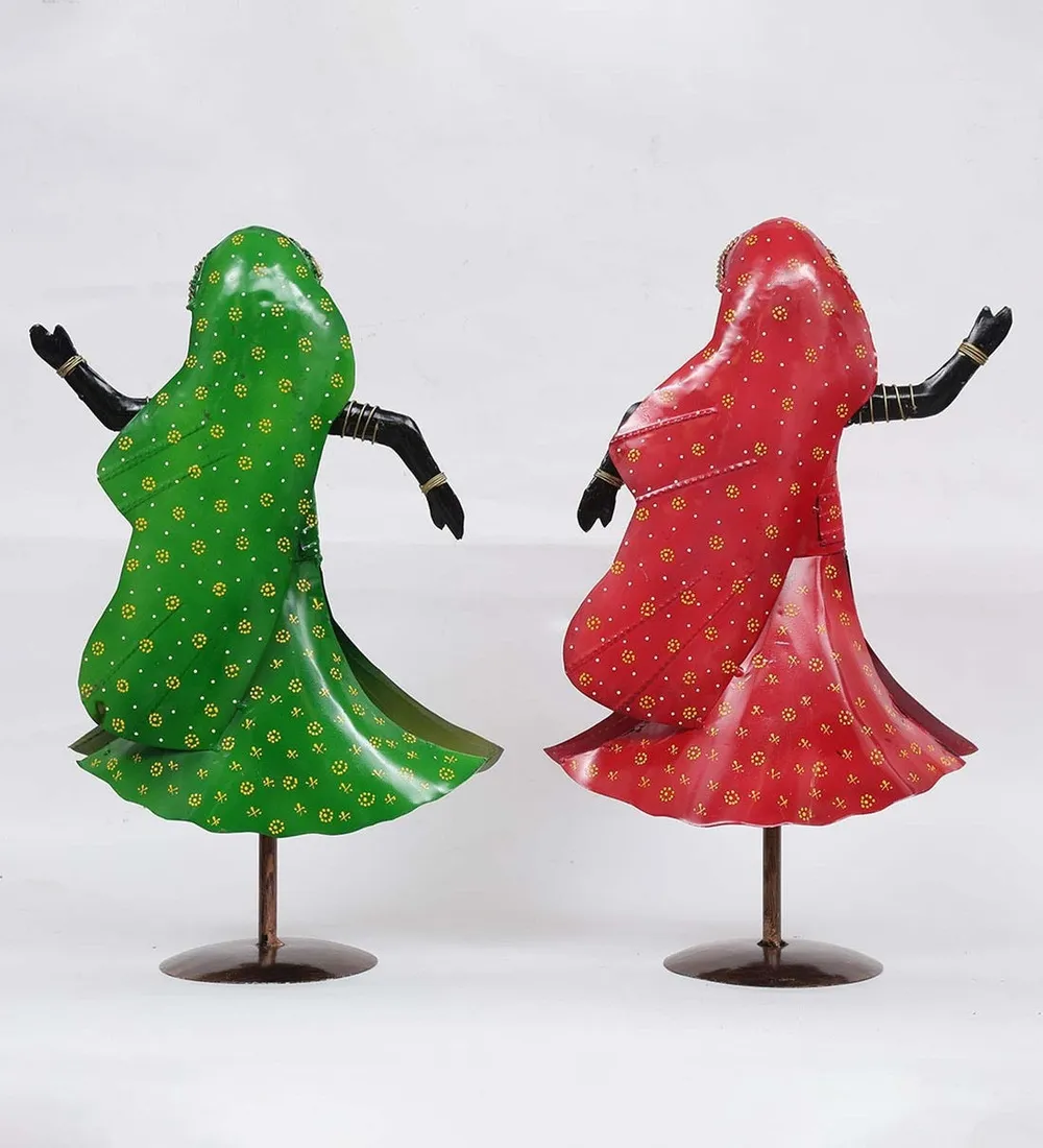 Set of 2 Black Dancing Twin Ladies Metal Human Figurines / Showpiece