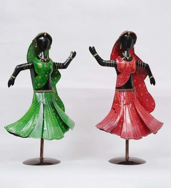 Set of 2 Black Dancing Twin Ladies Metal Human Figurines / Showpiece