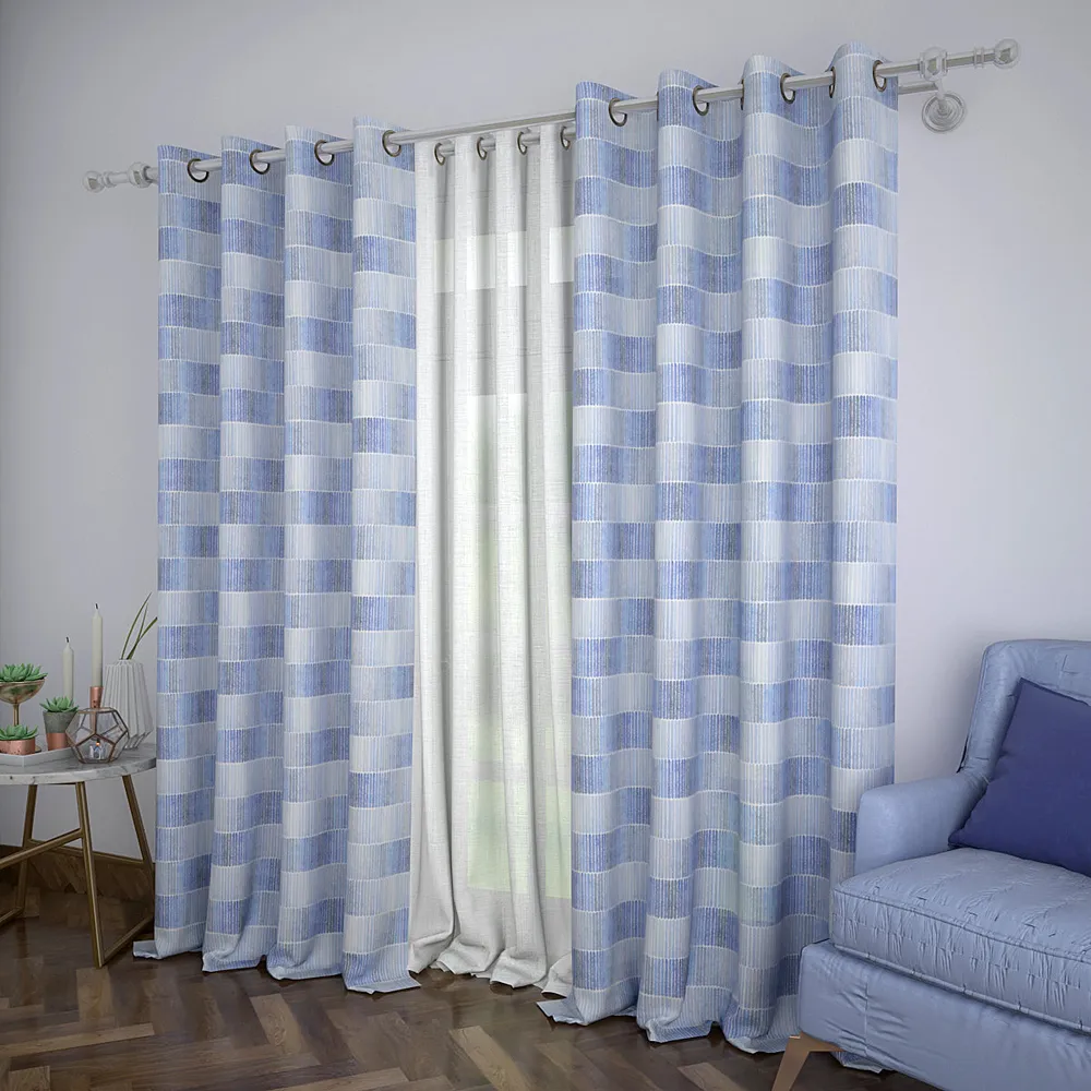 Set of 2 Blue Brick Pattern Printed Eyelet Curtain- 260