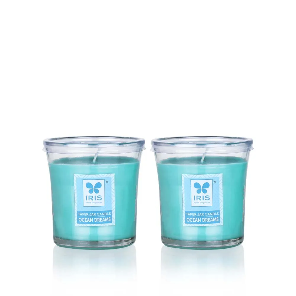 Set of 2 Blue Coloured Premium Ocean Breeze Scented Taper Glass Jar Candle