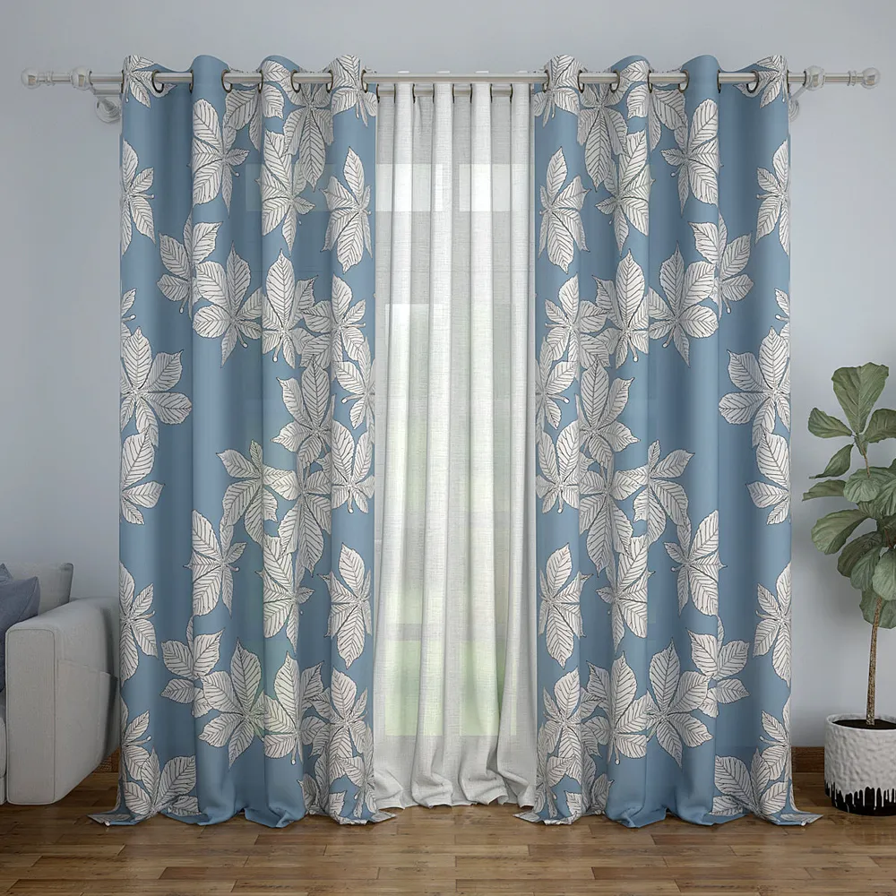 Set of 2 Blue & White Pretty Bloom Printed Eyelet Curtain- 260