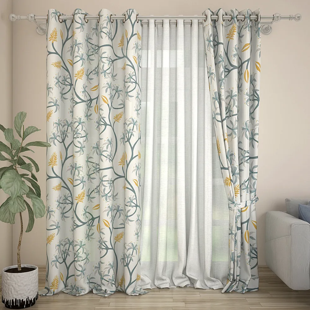 Set of 2 Designer Green Floral Branch Printed Eyelet Curtain- 260