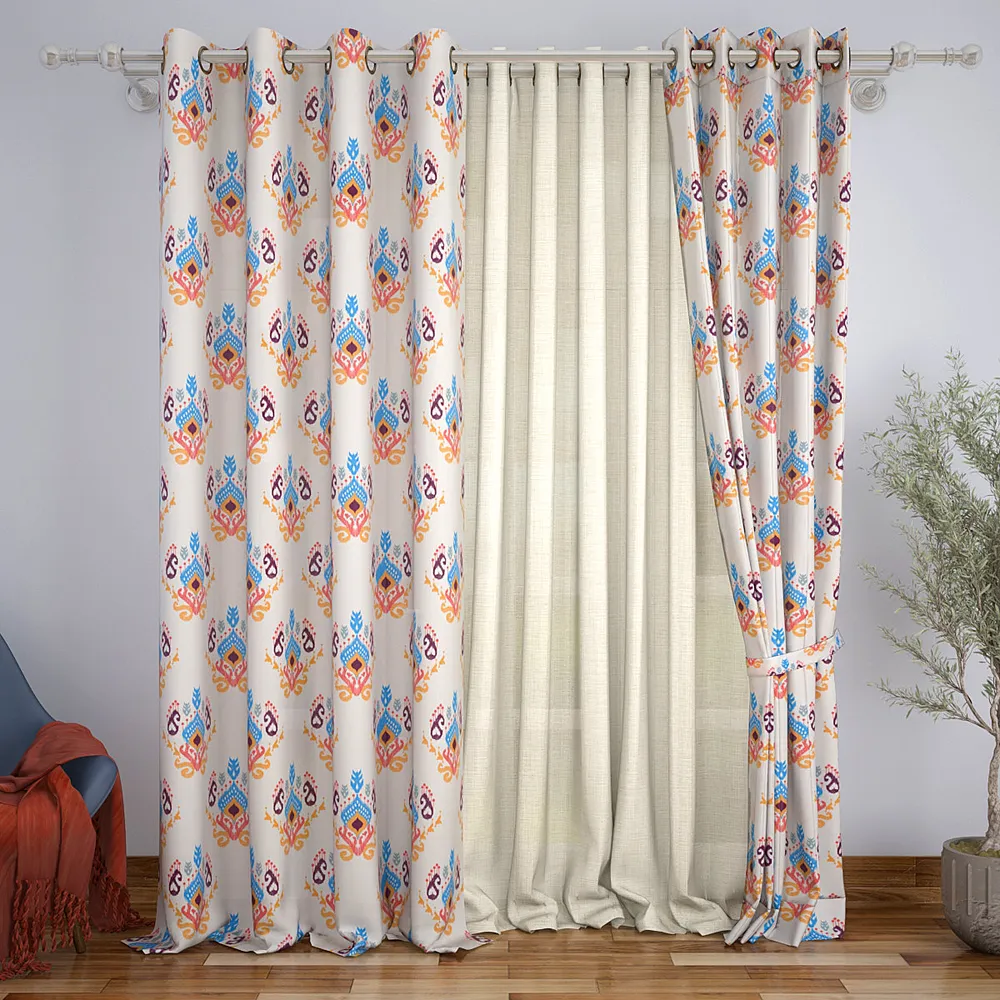 Set of 2 Designer Traditional Ikkat Design Printed Eyelet Curtain- 260