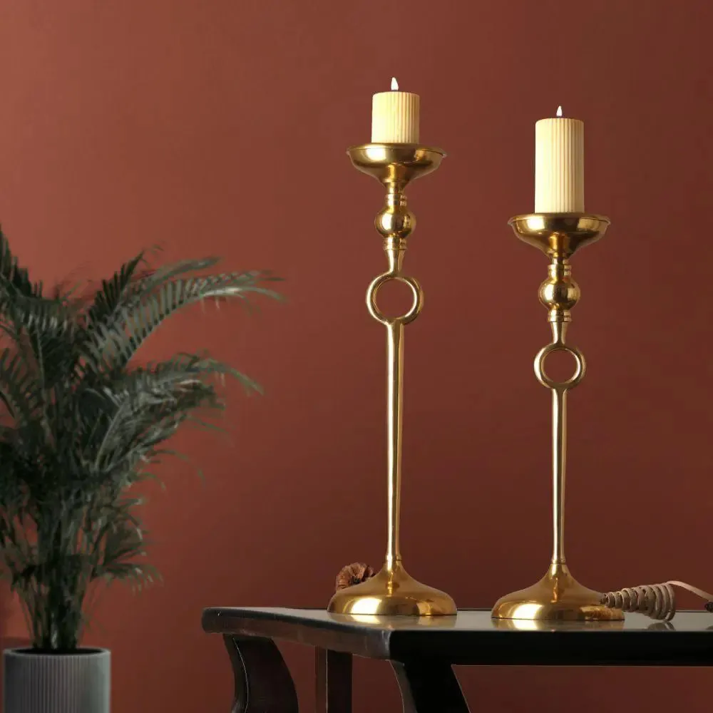 Set of 2 Gold-Toned Pillar Candle Holders