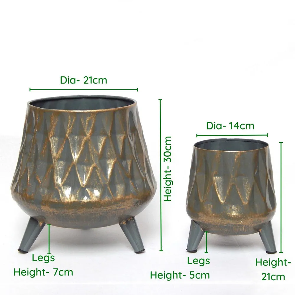 Set of 2 Grey Diamond-pattern Textured Indoor Metal Plant Stand with Pot