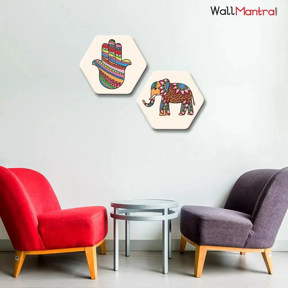Set of 2 Hand And Elephant mandala Art Hexagon Shape Canvas Wall Painting
