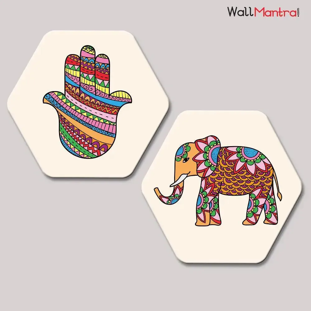 Set of 2 Hand And Elephant mandala Art Hexagon Shape Canvas Wall Painting