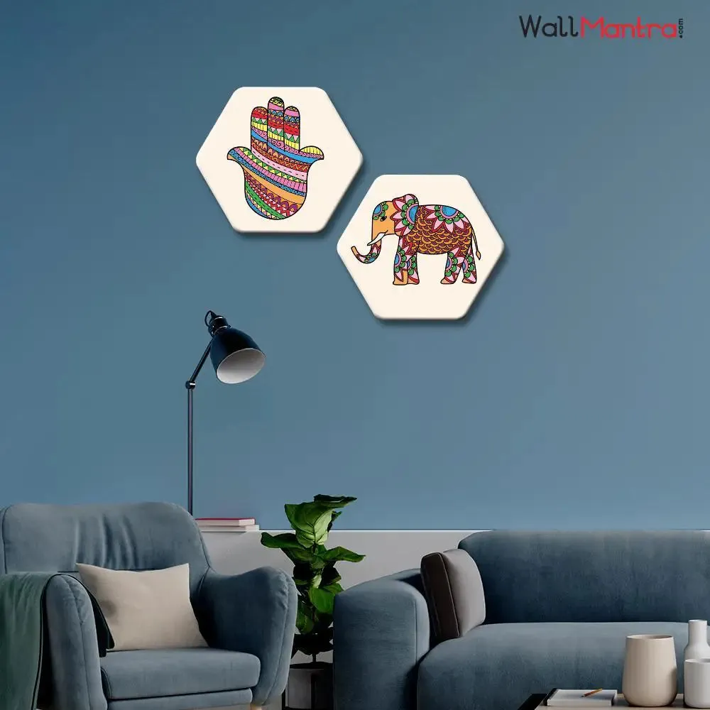 Set of 2 Hand And Elephant mandala Art Hexagon Shape Canvas Wall Painting