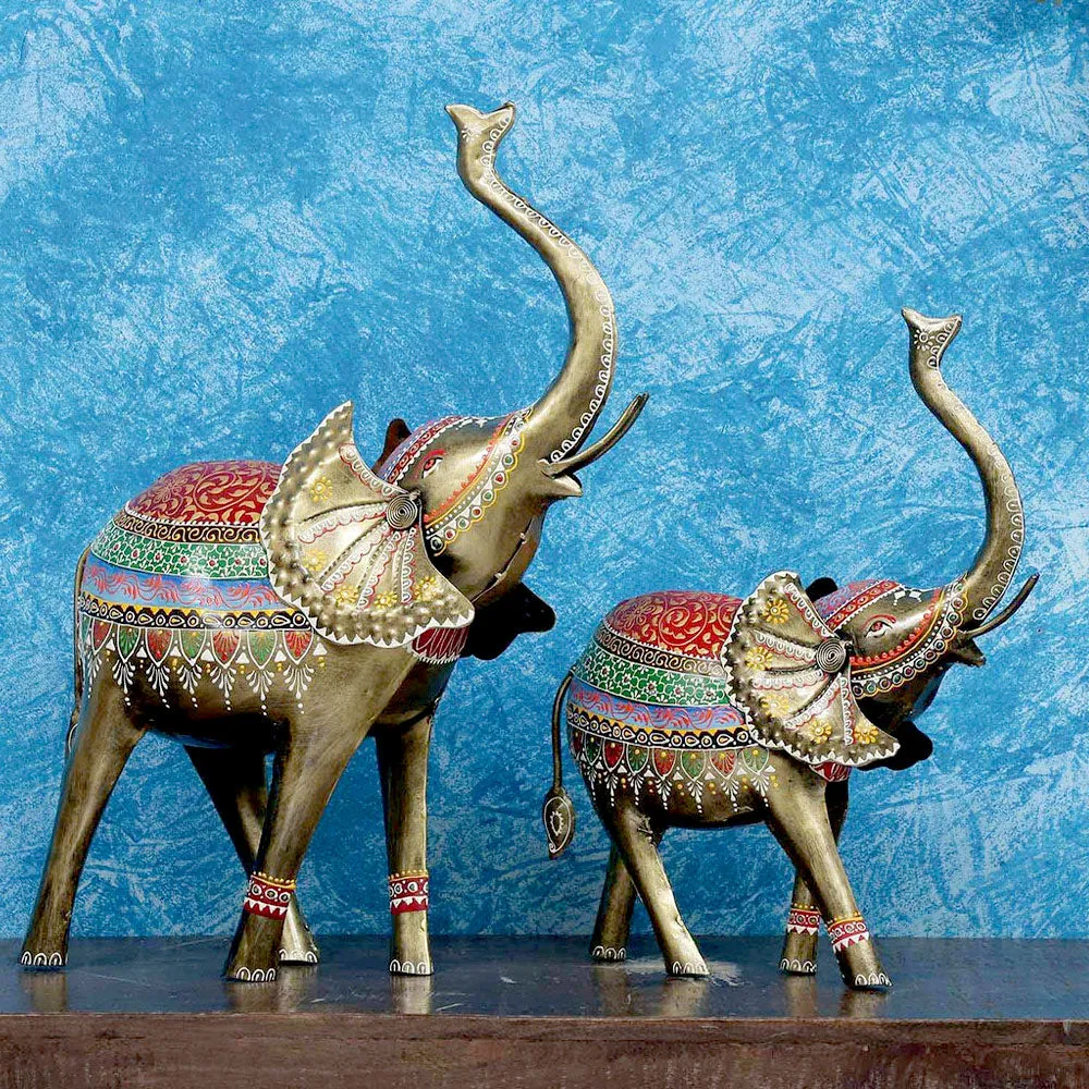 Set of 2 Handcrafted Ecstatic Elephant Animal Figurine / Showpiece