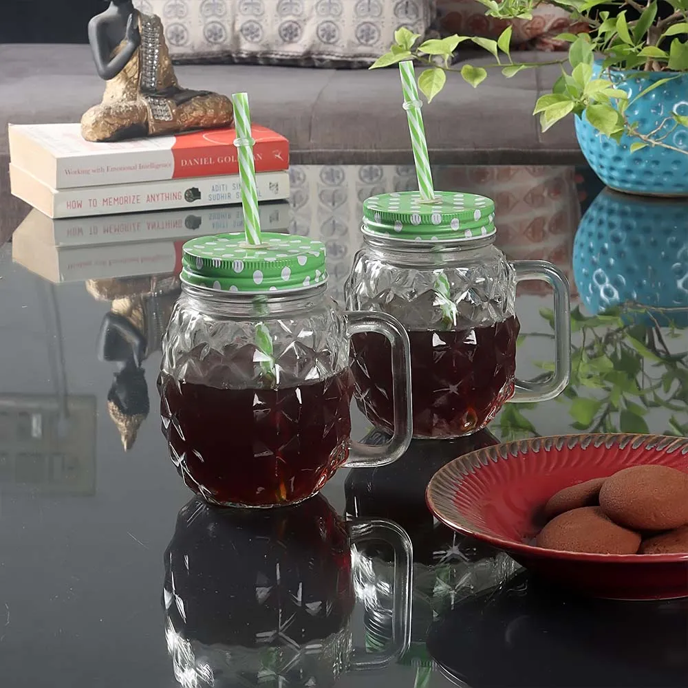 Set of 2 High quality Transparent Glass Jar Set With Green Lid