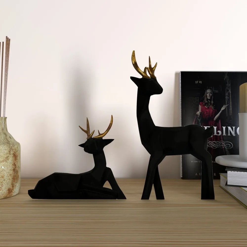 Set of 2 Luxe Black Modern Art Reindeer Figurine