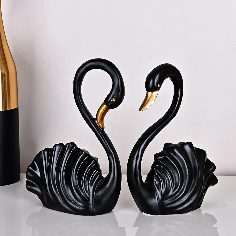 Set of 2 Luxe Black Swan Resin Showpieces with Gold Accents