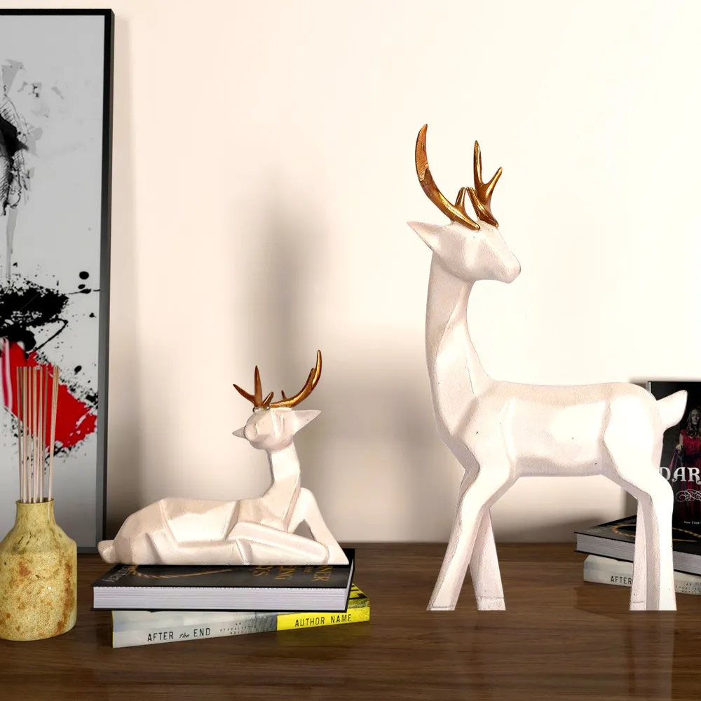 Set of 2 Luxe White Modern Art Reindeer Figurine