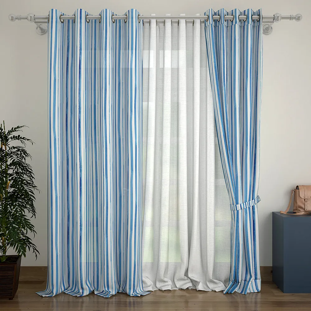 Set of 2 Minimalist Blue Watercolor Vertical Lines Printed Eyelet Curtain- 260