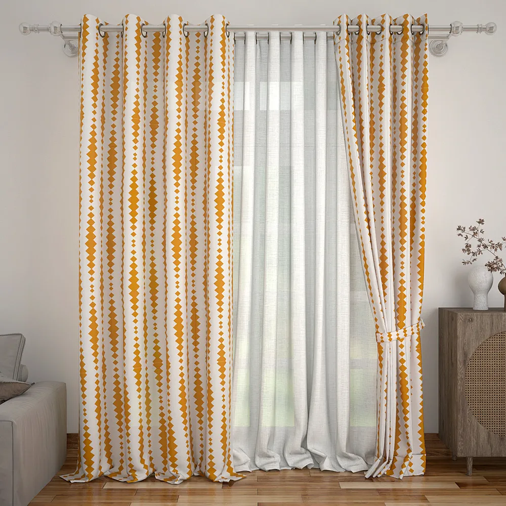 Set of 2 Orange Illusive Pattern Printed Eyelet Curtain- 260