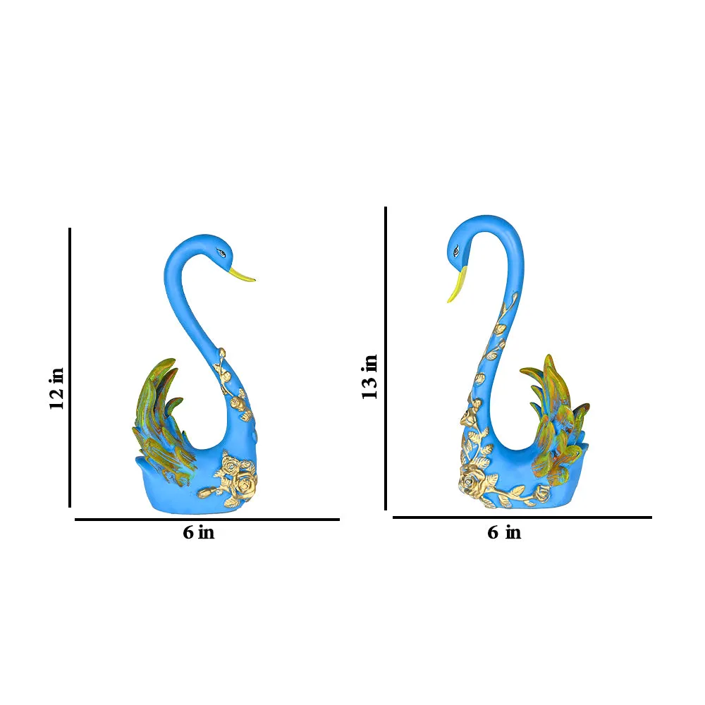 Set of 2 Ornate Blue Swan Resin Showpieces with Gold Accents