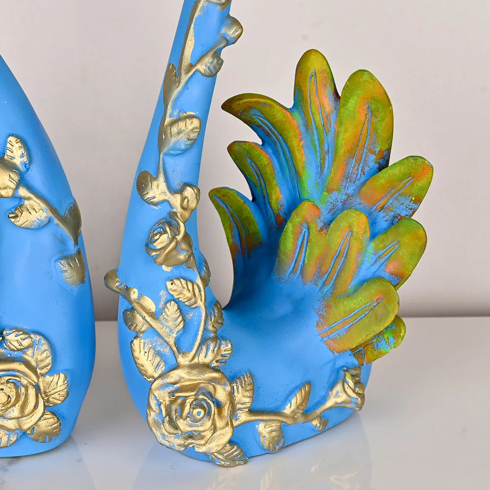 Set of 2 Ornate Blue Swan Resin Showpieces with Gold Accents