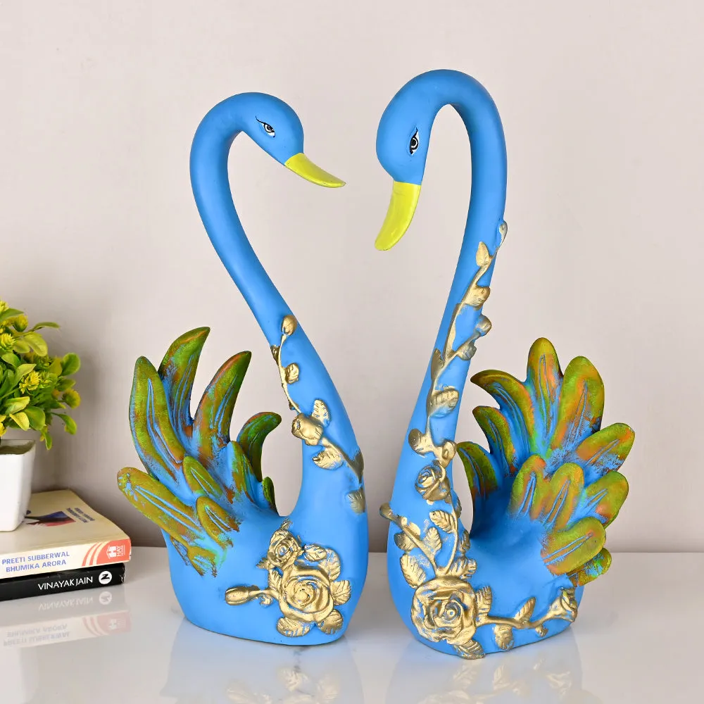 Set of 2 Ornate Blue Swan Resin Showpieces with Gold Accents