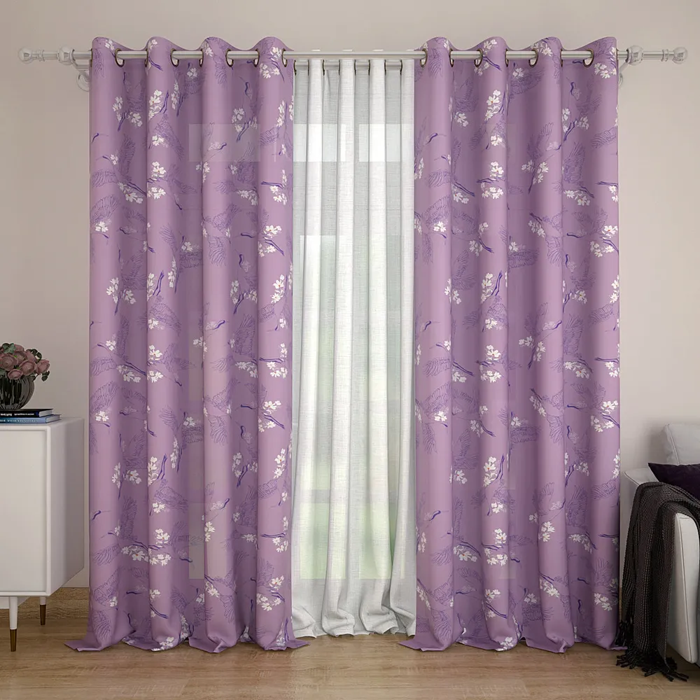 Set of 2 Premium Lavender Floral Swan Printed Eyelet Curtain- 260