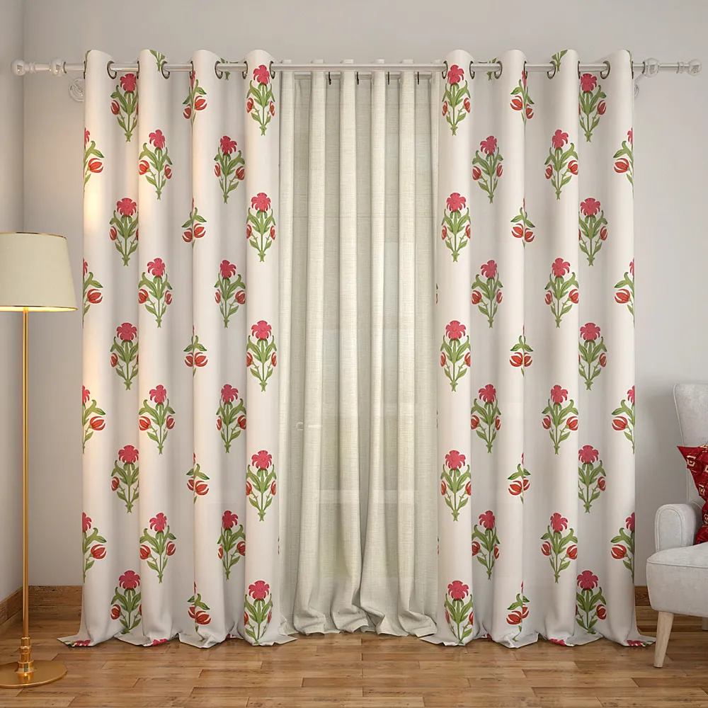 Set of 2 Premium Traditional Floral Printed Eyelet Curtain- 260