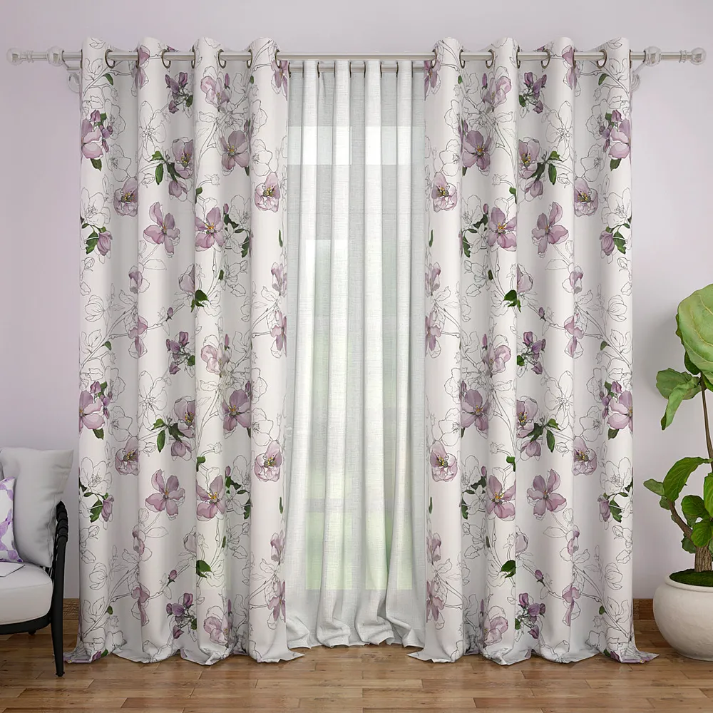 Set of 2 Purple Blossom Premium Quality Printed Eyelet Curtain- 260 GSM