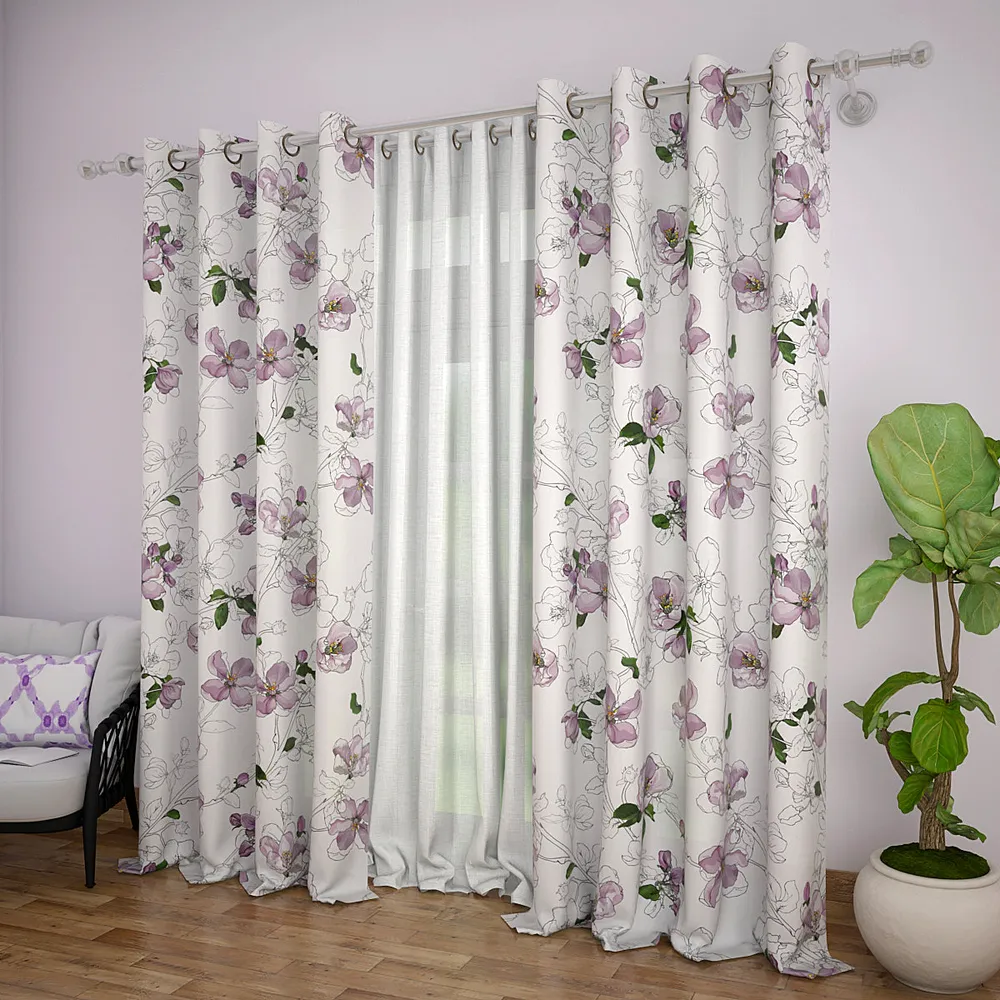 Set of 2 Purple Blossom Premium Quality Printed Eyelet Curtain- 260 GSM