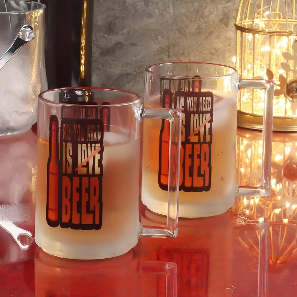 Set of 2 Quirky Quote Premium Glass Beer Mug Set (All you need is Love & Beer)