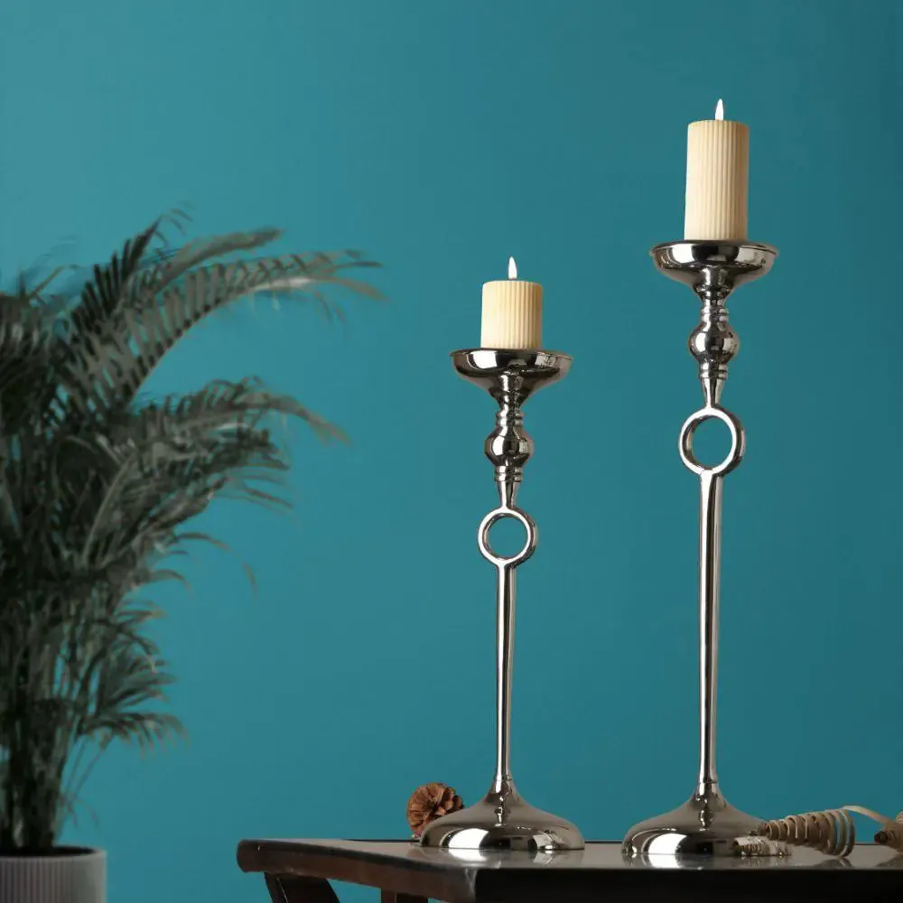 Set of 2 Silver-Toned Pillar Candle Holders