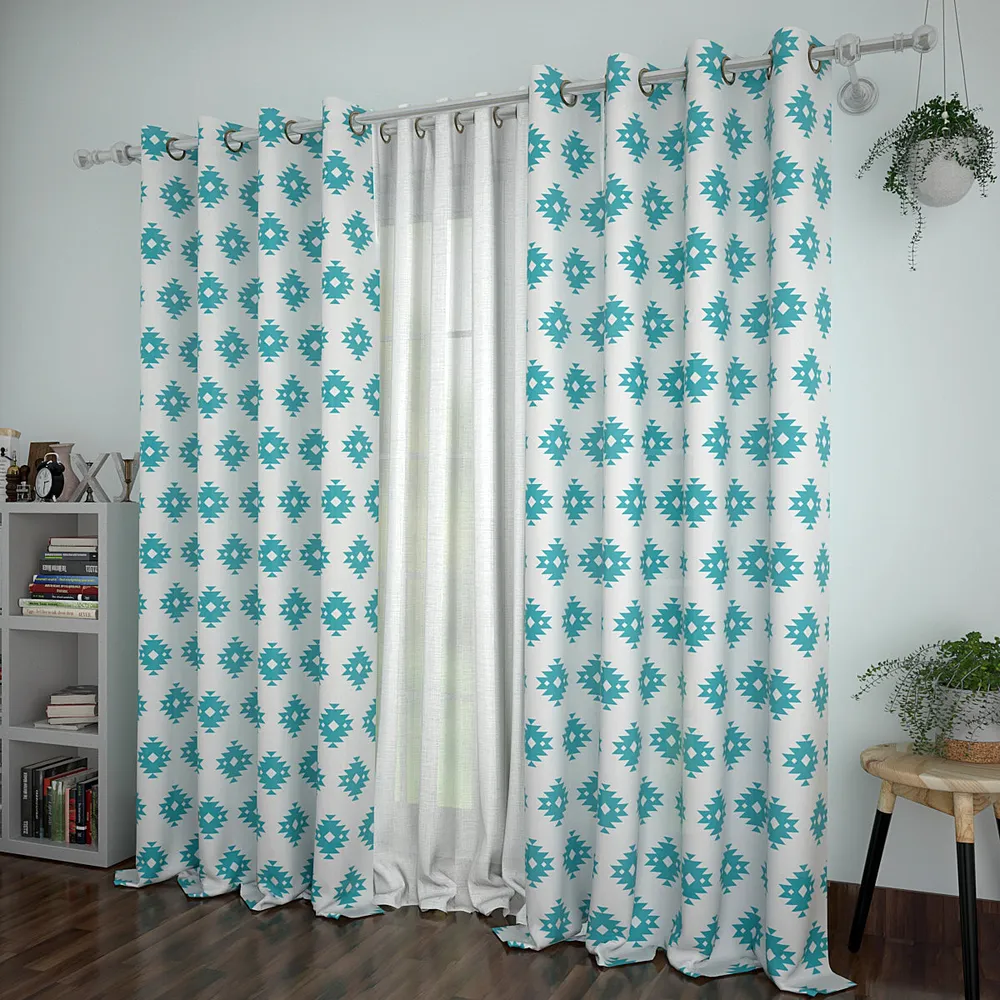 Set of 2 Turquoise Blue Traditional Ikkat Printed Printed Eyelet Curtain- 260