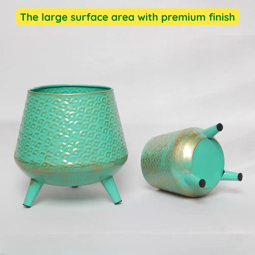 Set of 2 Turquoise Green Textured Rustic Indoor Metal Plant Stand with Pot