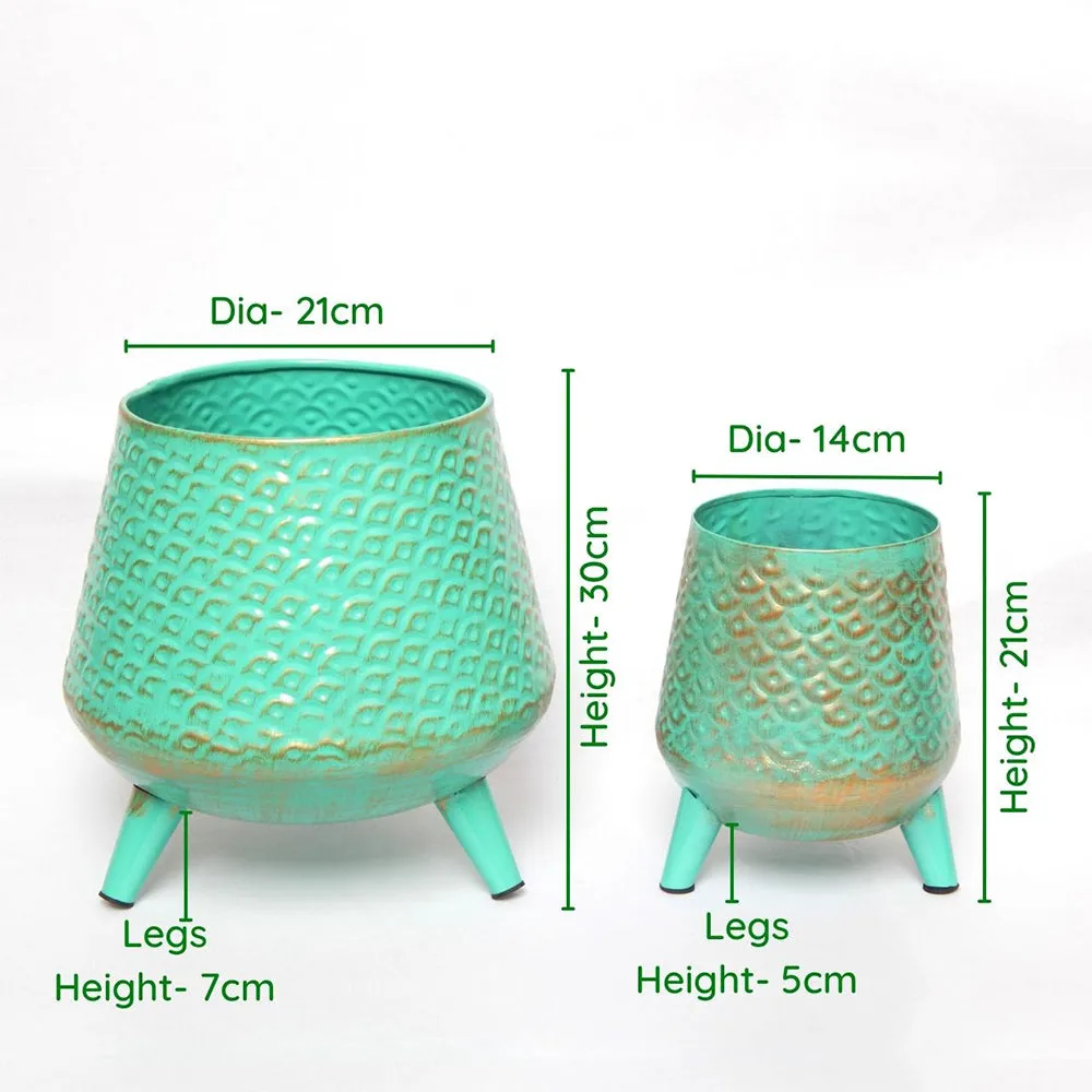 Set of 2 Turquoise Green Textured Rustic Indoor Metal Plant Stand with Pot