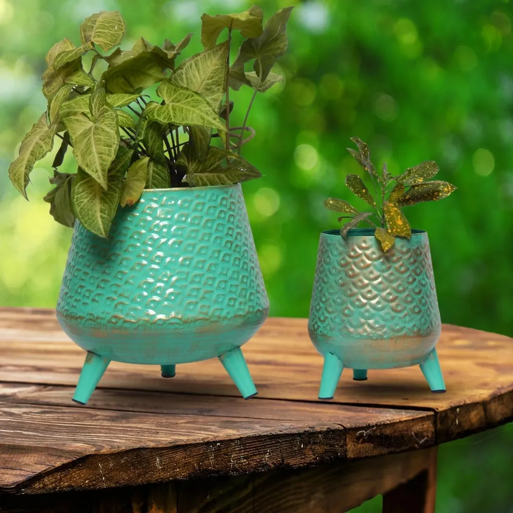 Set of 2 Turquoise Green Textured Rustic Indoor Metal Plant Stand with Pot