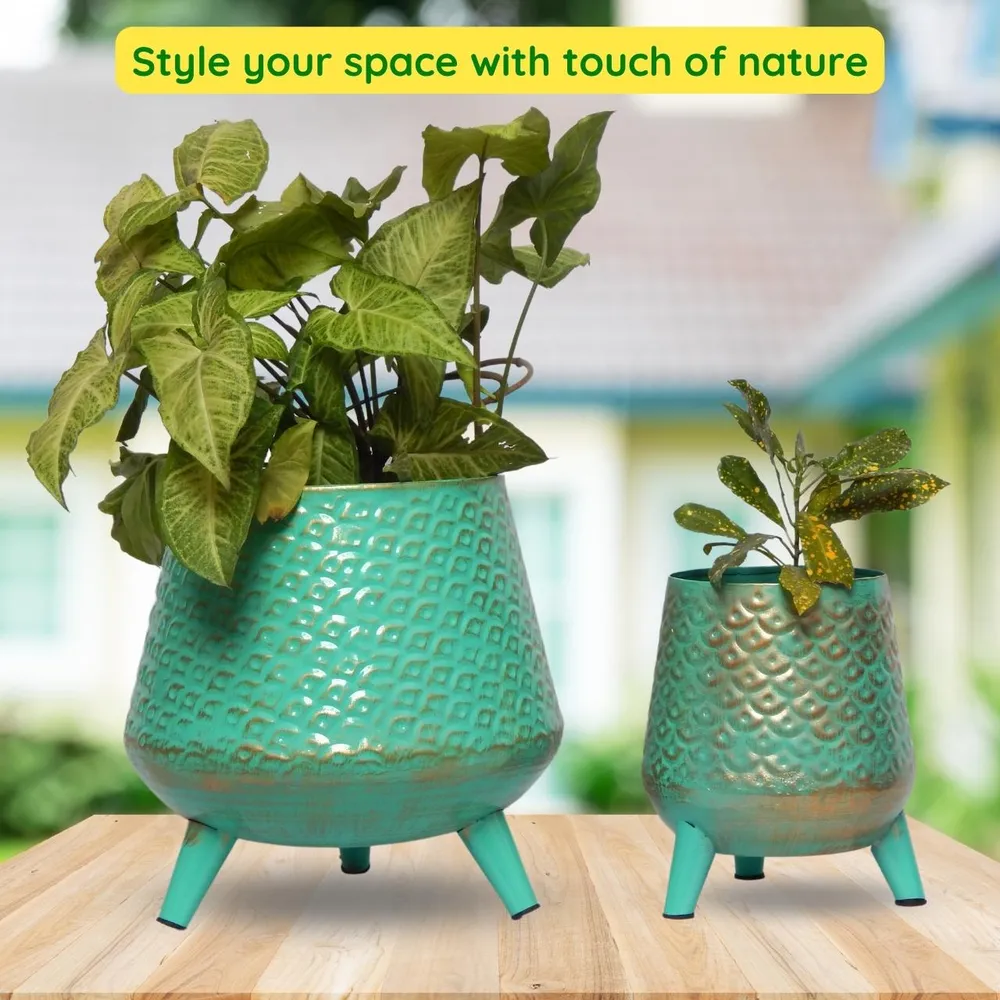Set of 2 Turquoise Green Textured Rustic Indoor Metal Plant Stand with Pot