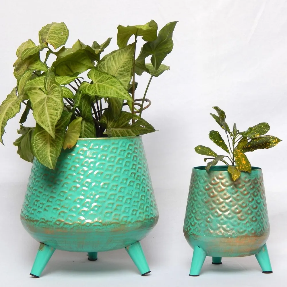 Set of 2 Turquoise Green Textured Rustic Indoor Metal Plant Stand with Pot
