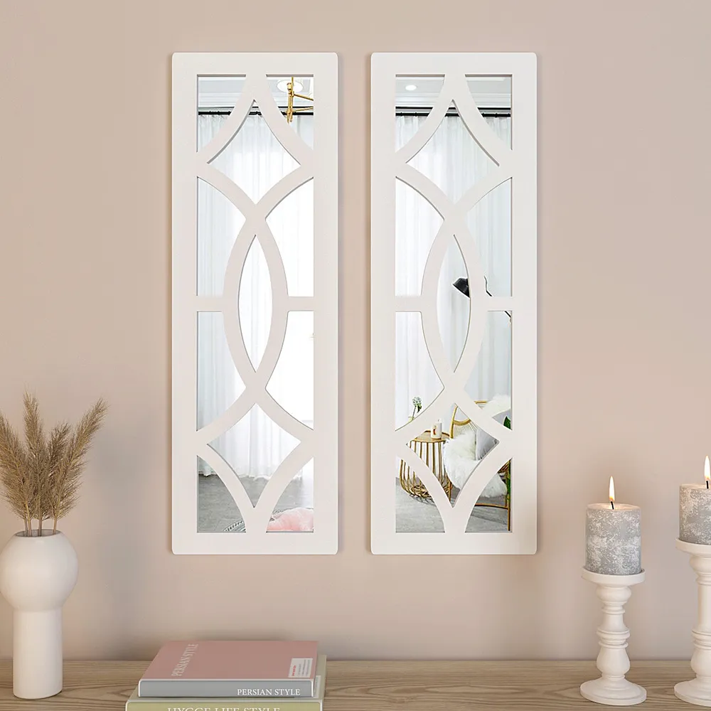 Set of 2 Vintage Wooden Frame Decorative Wall Mirror/ Wall Art Decor (Available in Multiple Finishes) White