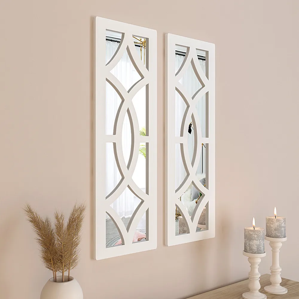 Set of 2 Vintage Wooden Frame Decorative Wall Mirror/ Wall Art Decor (Available in Multiple Finishes) White