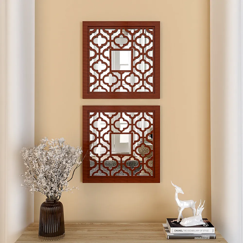 Set of 2 Wooden Frame Bohemian Style Decorative Wall Mirror (Available in Multiple Finishes) White