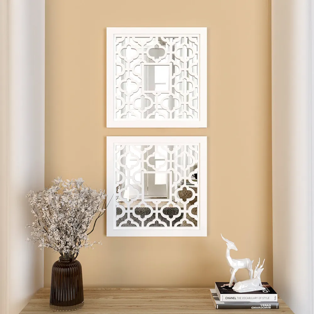 Set of 2 Wooden Frame Bohemian Style Decorative Wall Mirror (Available in Multiple Finishes) White