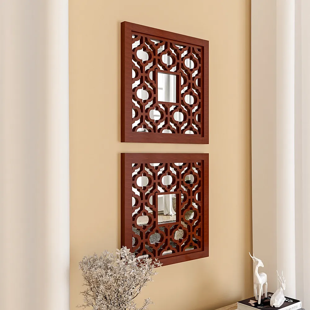 Set of 2 Wooden Frame Bohemian Style Decorative Wall Mirror (Available in Multiple Finishes) White