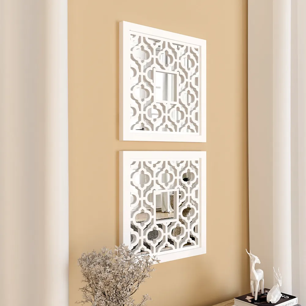 Set of 2 Wooden Frame Bohemian Style Decorative Wall Mirror (Available in Multiple Finishes) White