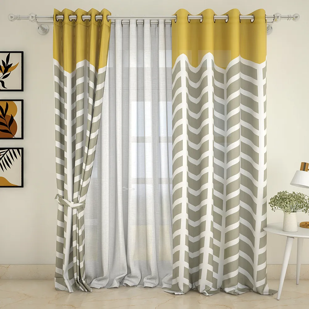 Set of 2 Yellow Chevron Pattern Printed Eyelet Curtain- 260