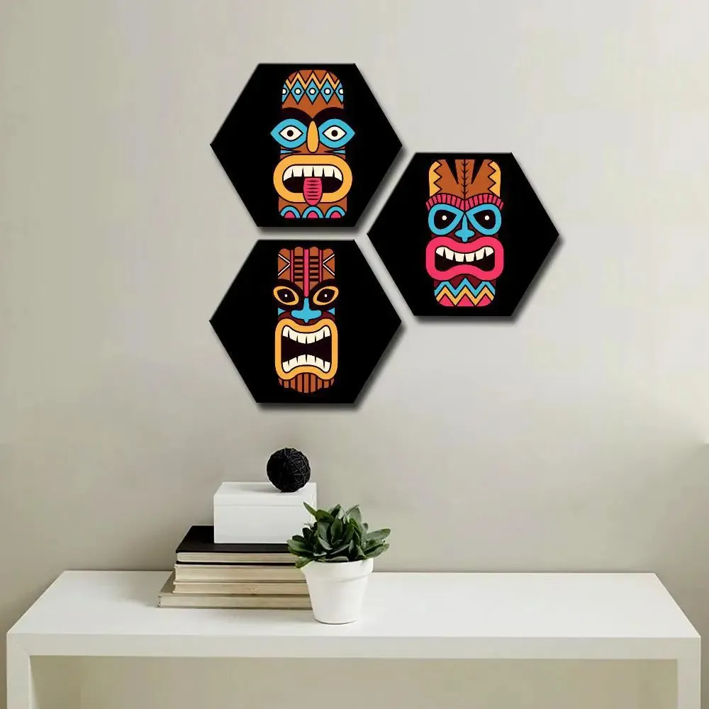 Set of 3 African Face Mask Design Hexagon Shape Canvas Wall Painting