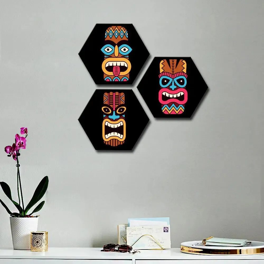 Set of 3 African Face Mask Design Hexagon Shape Canvas Wall Painting