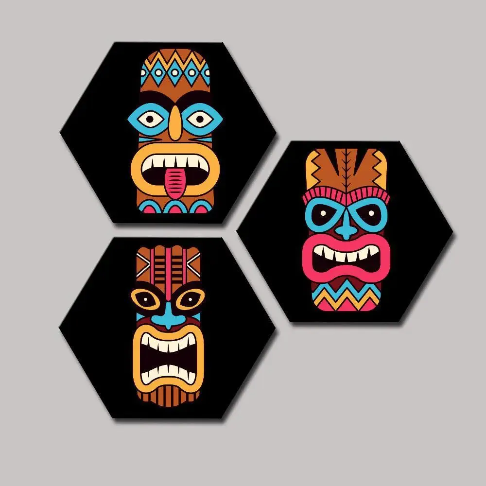Set of 3 African Face Mask Design Hexagon Shape Canvas Wall Painting