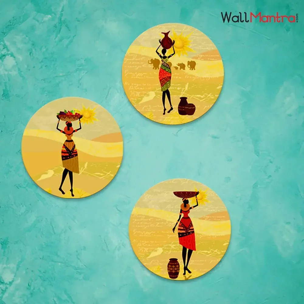 Set of 3 African Village Lady Round Shape Canvas wall Painting