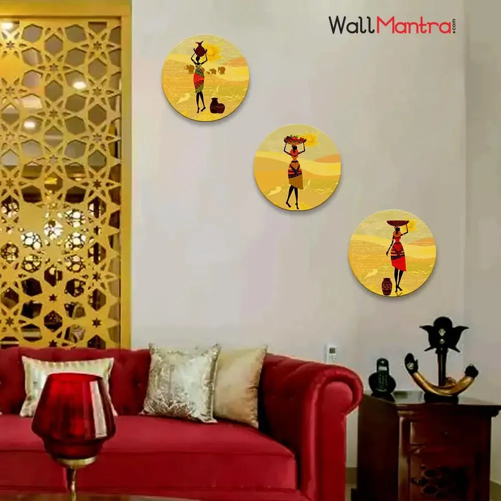 Set of 3 African Village Lady Round Shape Canvas wall Painting