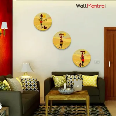 Set of 3 African Village Lady Round Shape Canvas wall Painting